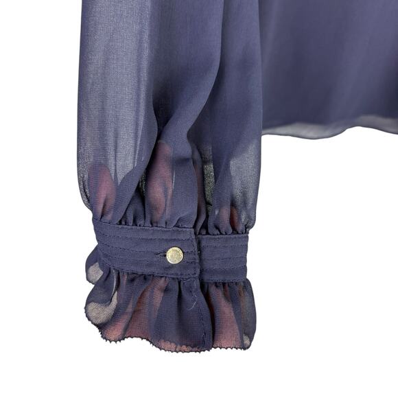 Carmen Marc Valvo Navy Sheer Chiffon Long Sleeve Button Up Business Blouse - Picture 11 of 13